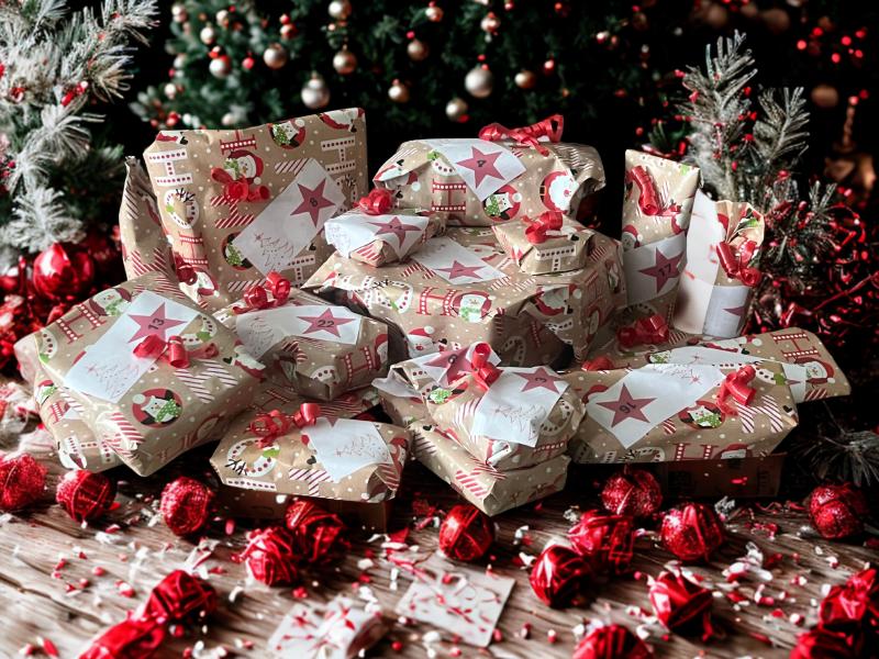 Bild Pakete in Kinderpapier weihnachtlich eingepackt mit Zahlen von eins bis vierundzwanzig